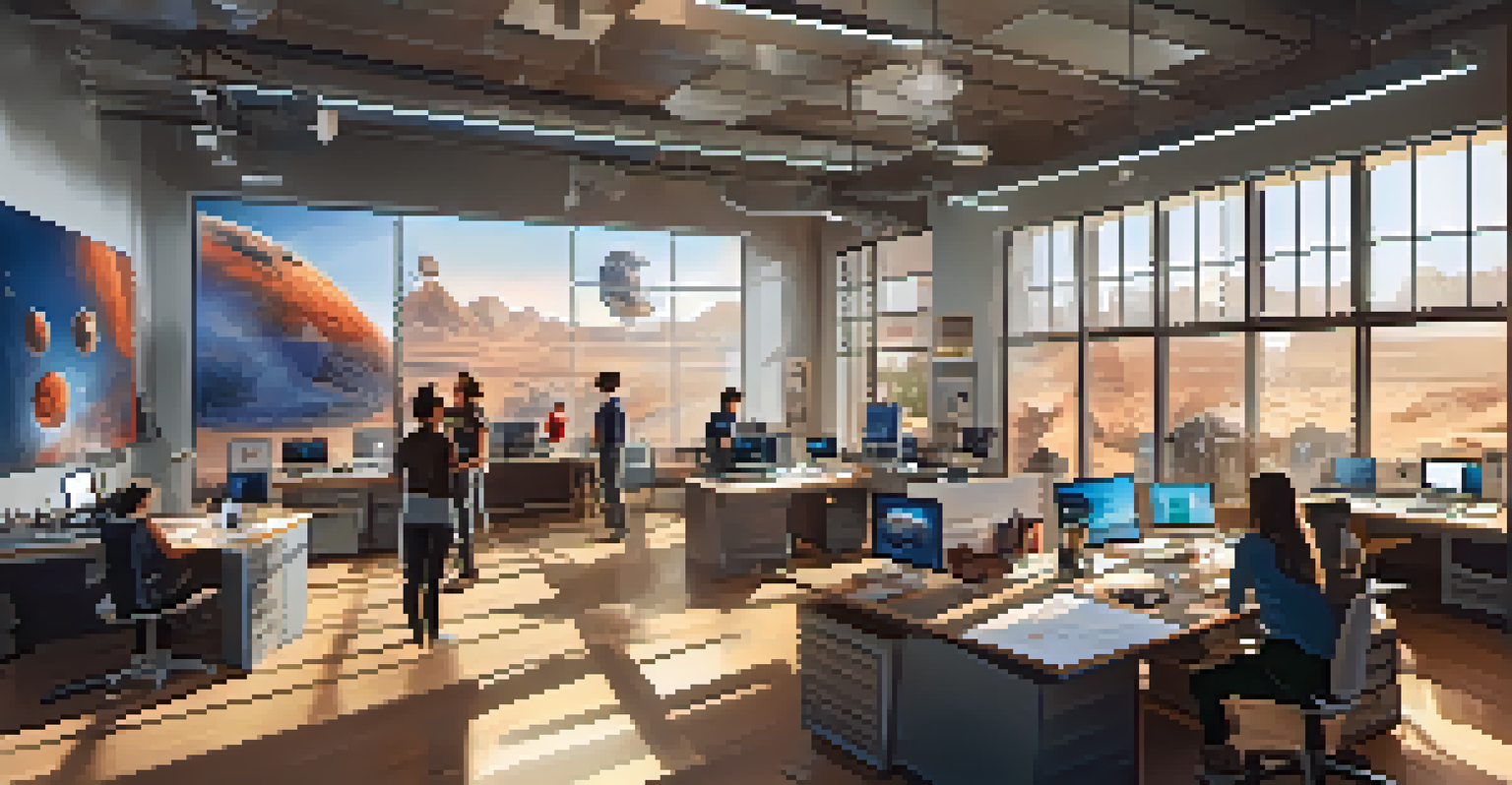 Students collaborating on Mars exploration research in a bright, modern university workspace filled with models and charts.