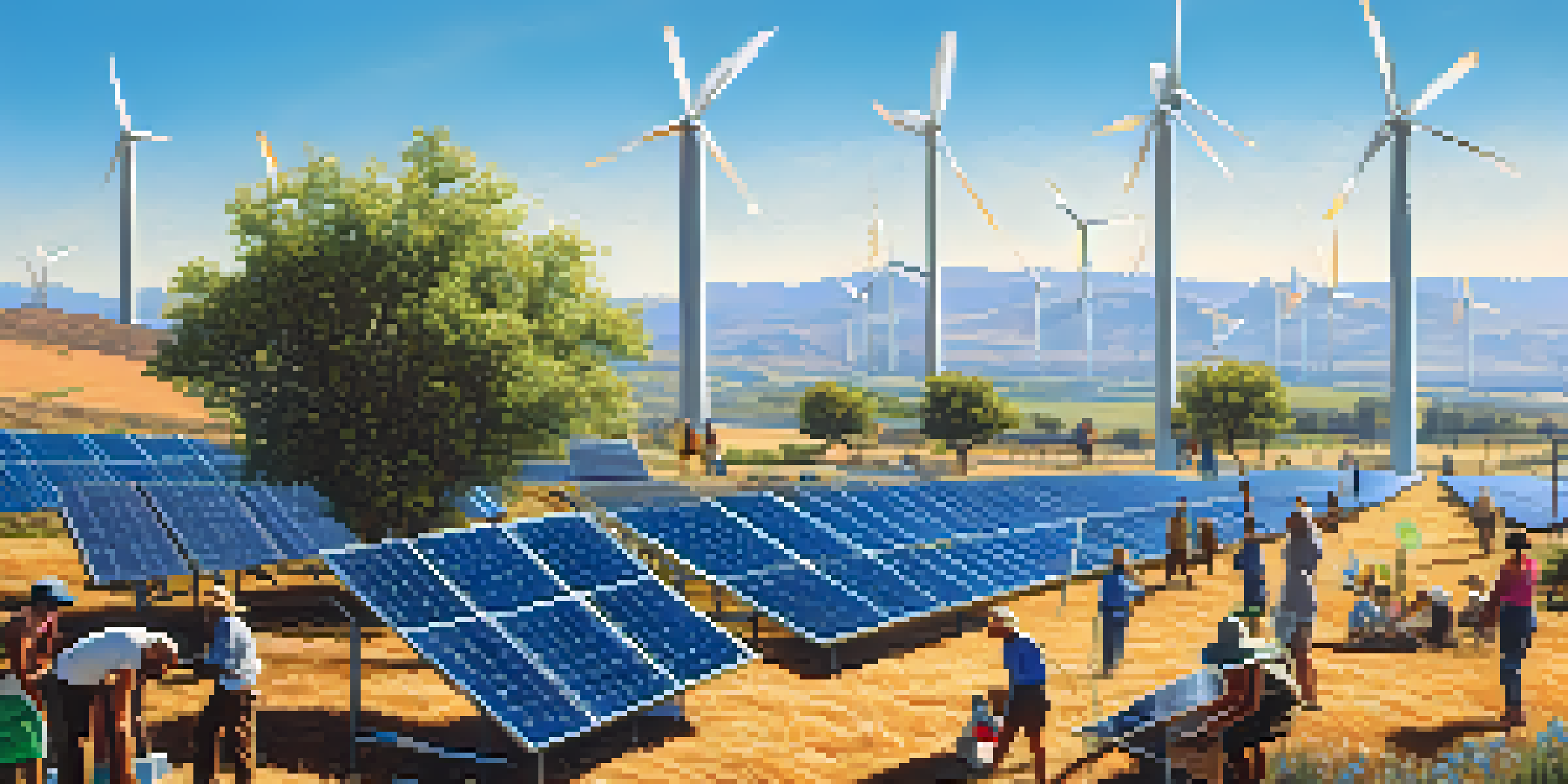A sunny California landscape featuring solar panels, wind turbines, and a group of diverse individuals planting trees.