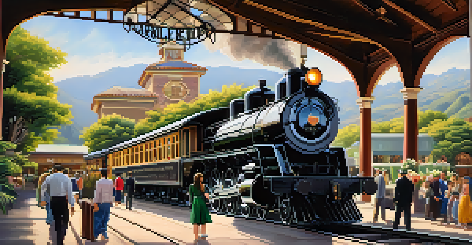 A vintage railroad station in California with a steam train and passengers, surrounded by greenery and flowers, evoking nostalgia.