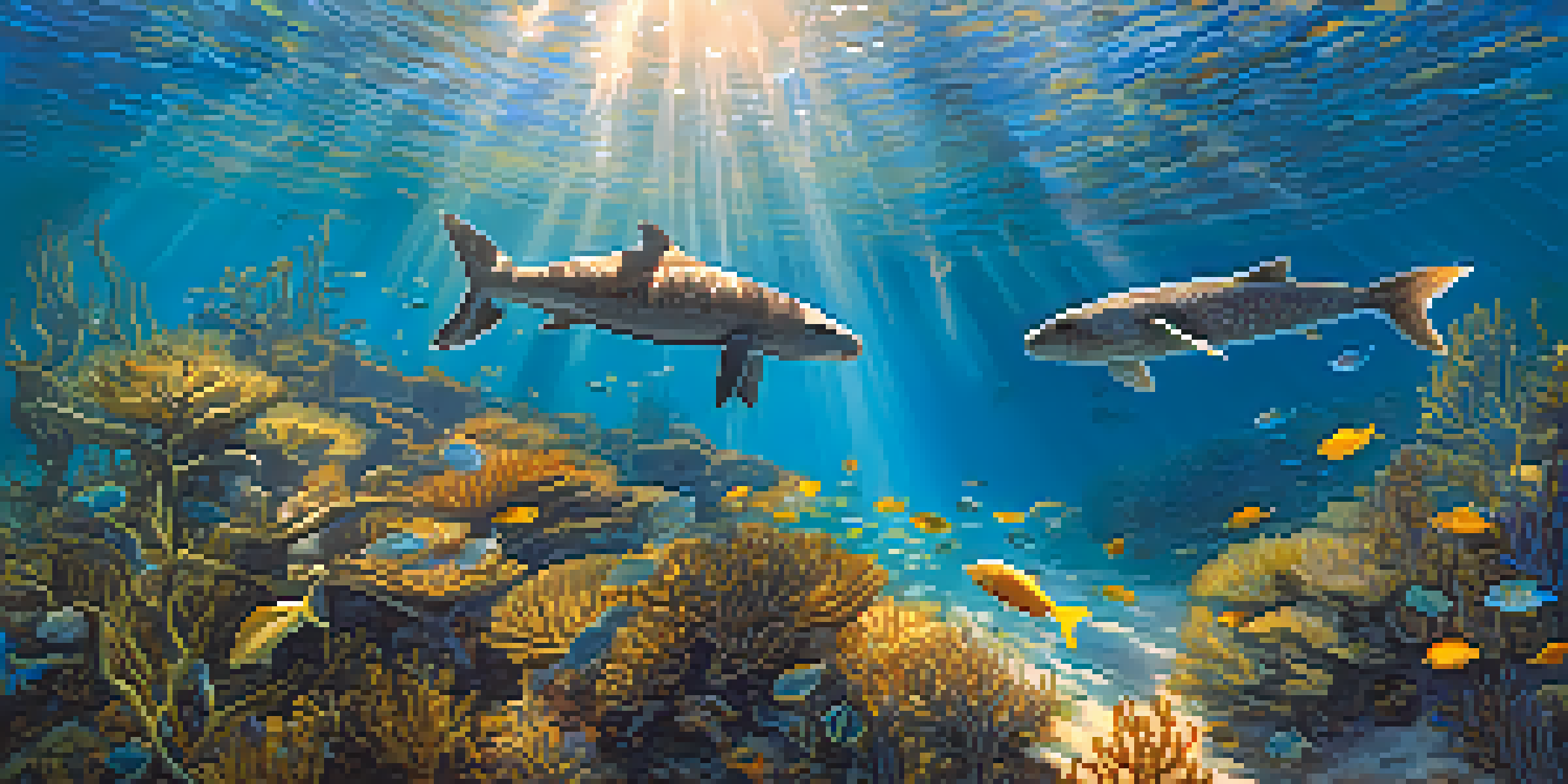 An underwater view of a kelp forest filled with colorful fish and a sea otter, with sunlight filtering through the water.
