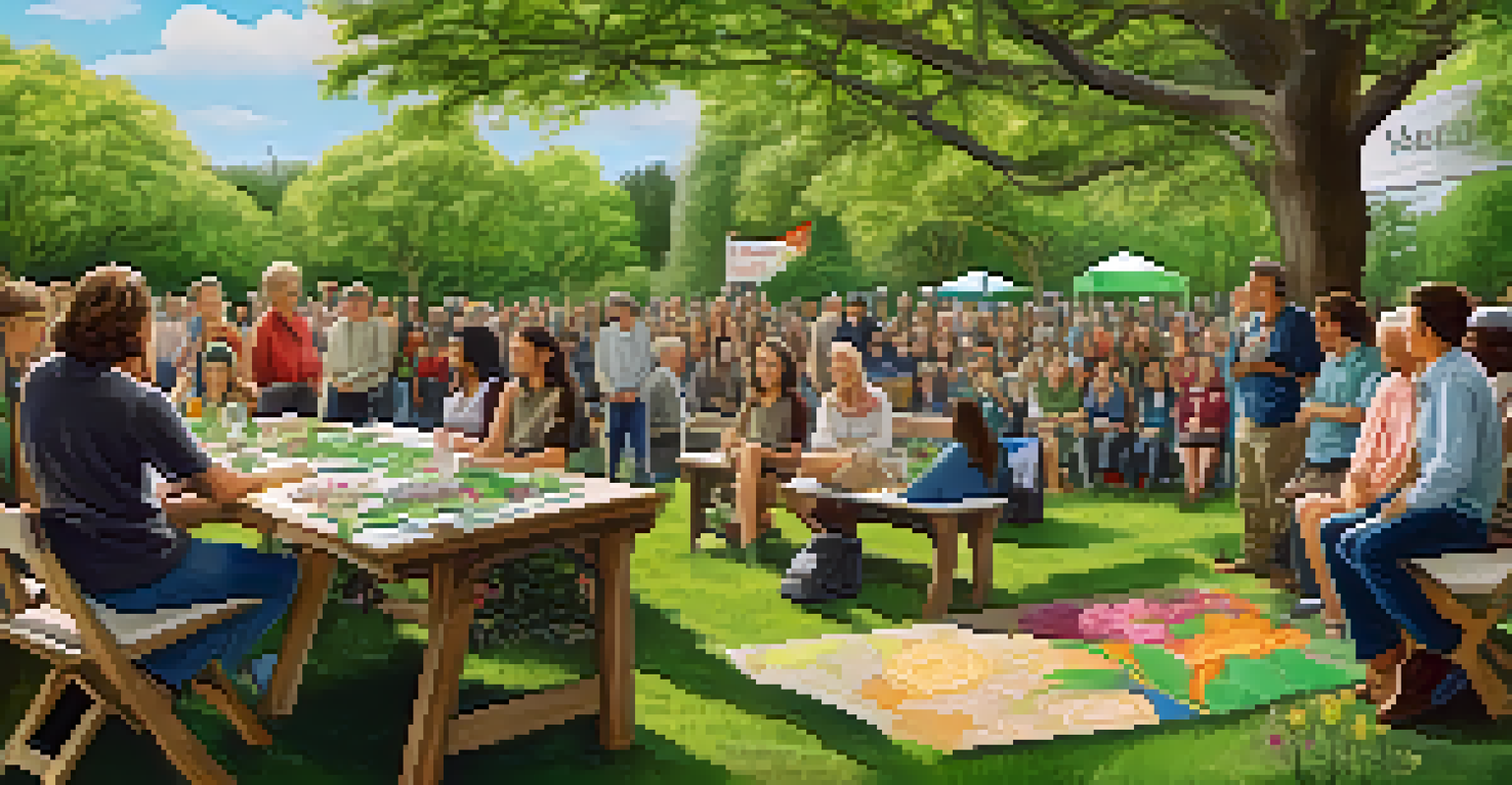 A diverse group of activists gathered in a park for a community meeting about environmental initiatives, with greenery and a handmade sustainability banner.