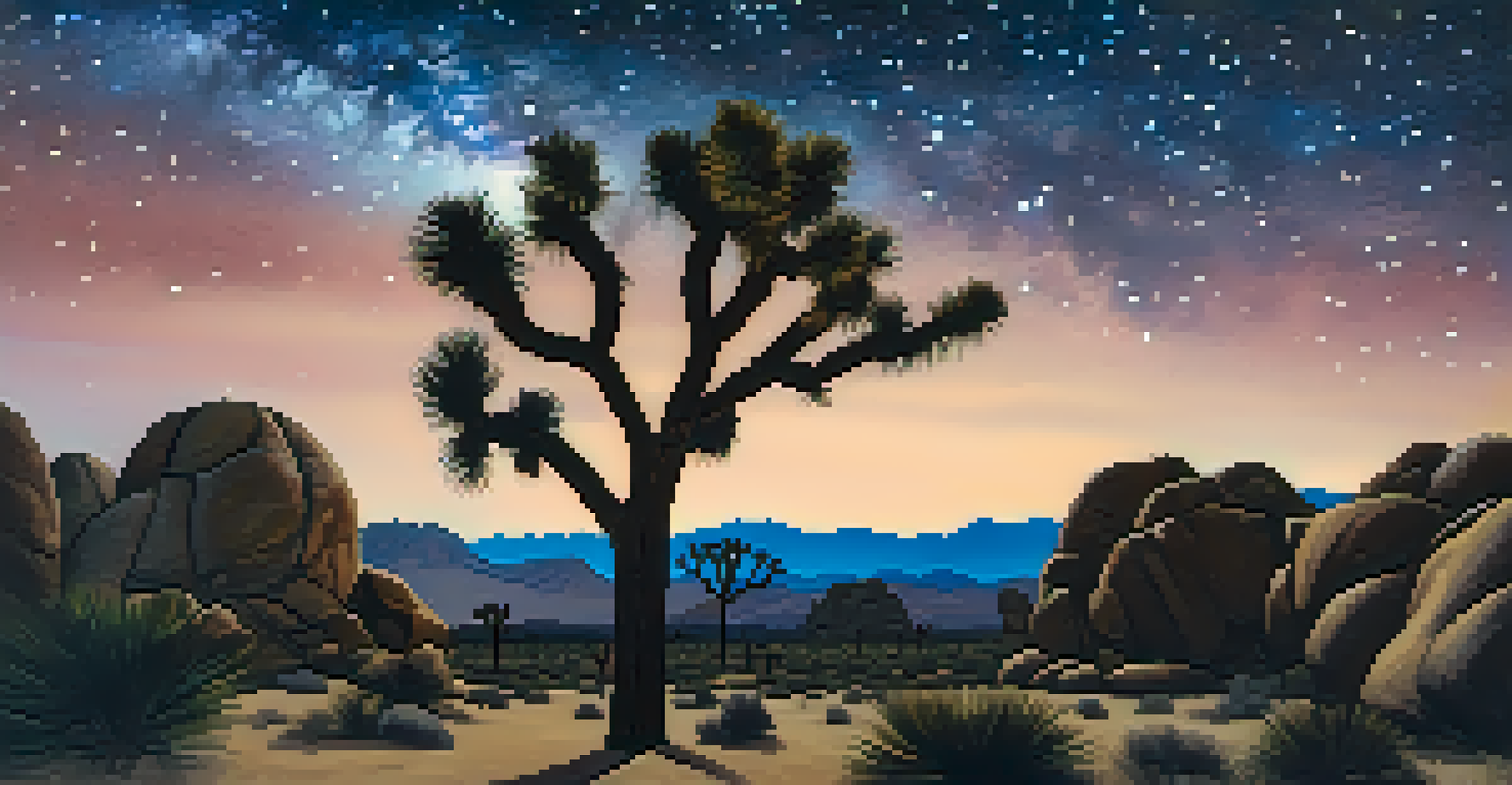 A mesmerizing night sky over Joshua Tree National Park with stars and a Joshua tree silhouette.