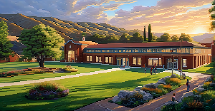 A rural school in California with students engaging in outdoor learning in a scenic countryside setting during sunset.