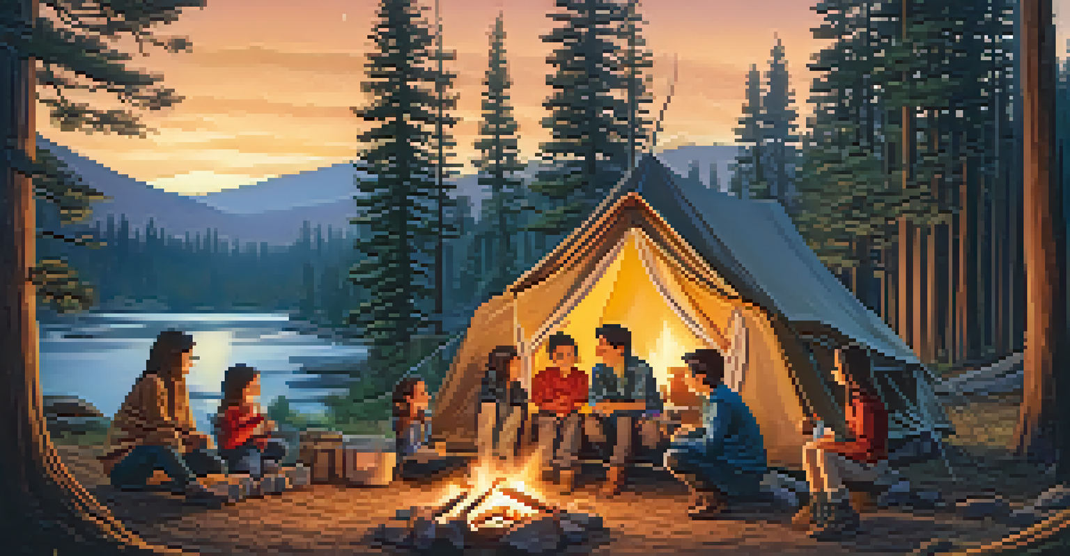 A family campsite with a tent and campfire in a California national park, children roasting marshmallows.