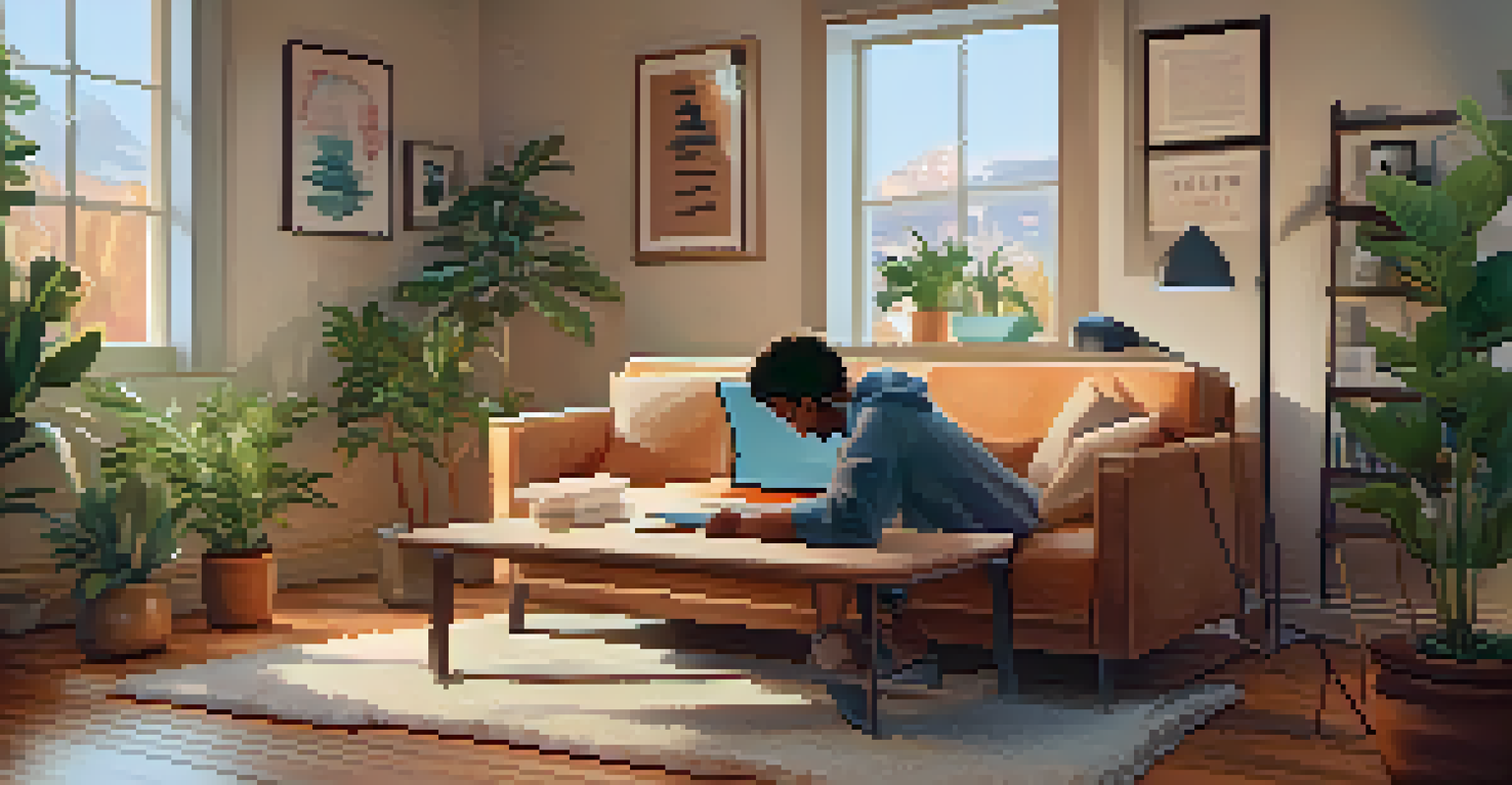 A person having a telehealth consultation on a laptop at home, with a warm and inviting living room setting.