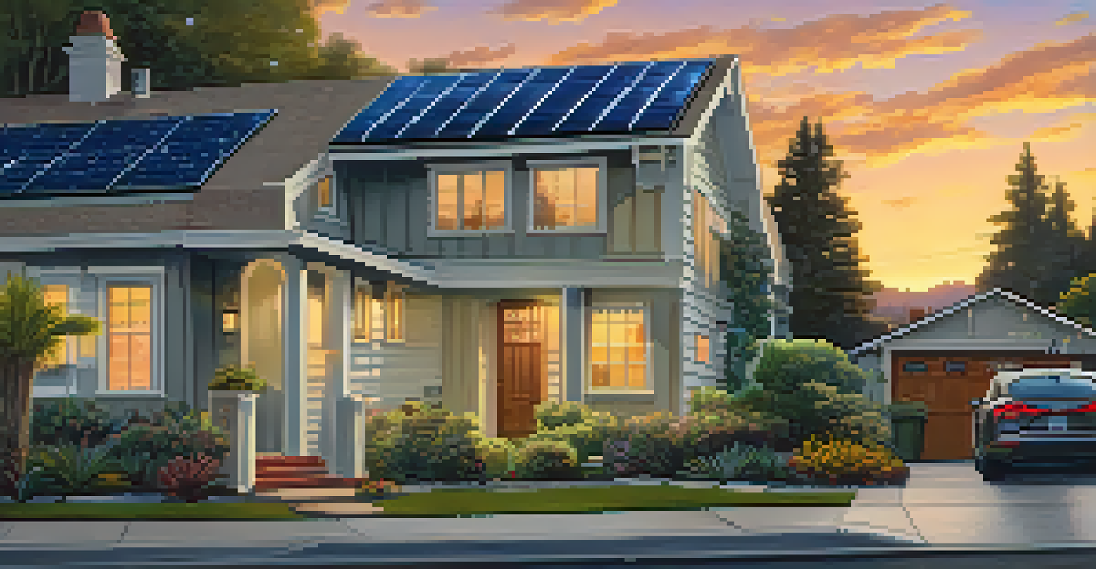A residential neighborhood in California with solar panels, an energy storage system, and electric vehicles during sunset.