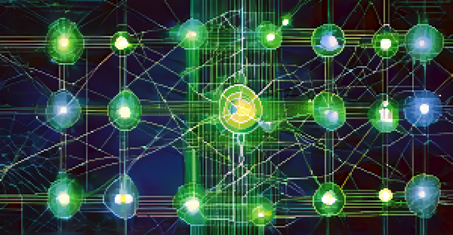 An abstract image showing a network of interconnected nodes representing health tech innovation, with a blue and green gradient background.
