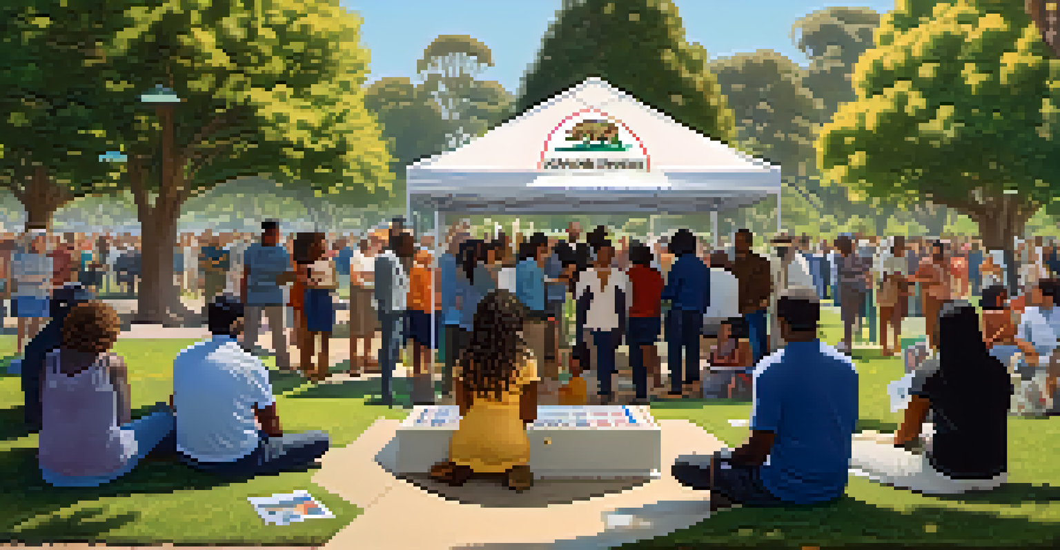 A colorful depiction of a California ballot box in a park, with diverse voters discussing the importance of voting.