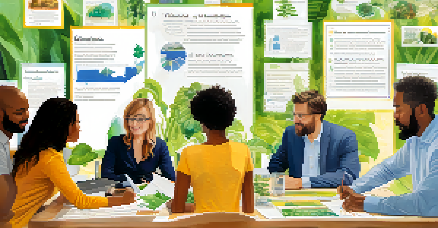 A diverse group of people working together at a table with eco-friendly materials and technology in a bright, plant-filled room.