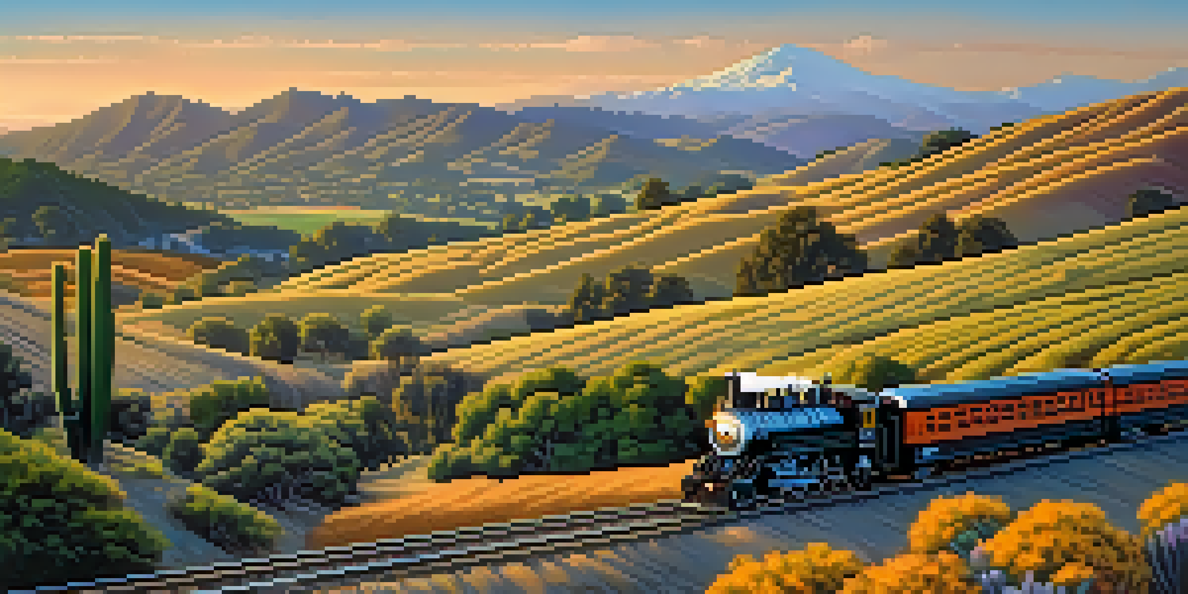 A vintage Southern Pacific Railroad train moving through California's countryside at sunset, with wildflowers in the foreground and mountains in the background.
