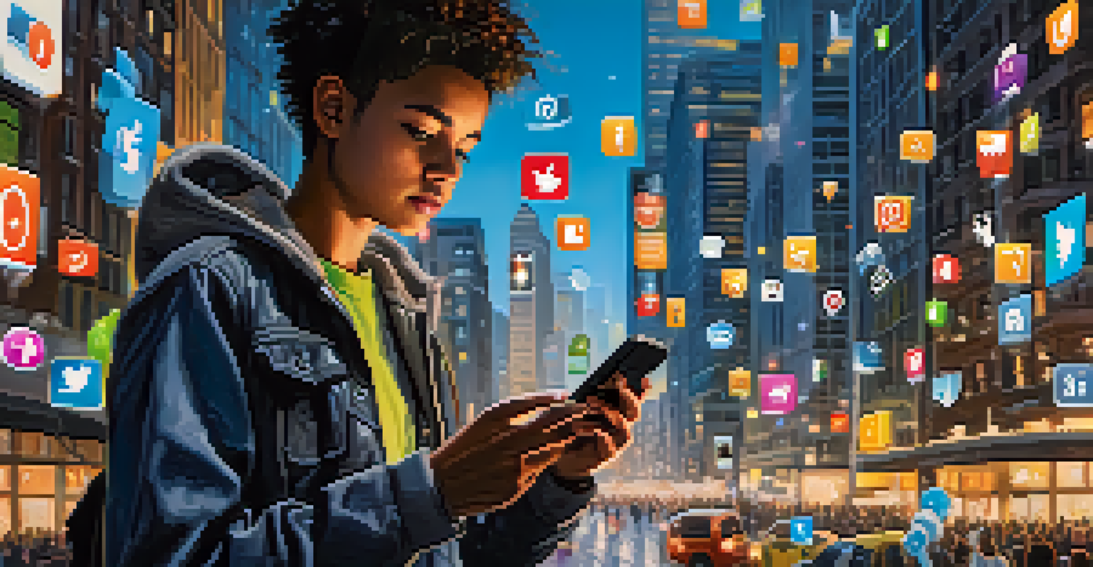 A teenager using a smartphone surrounded by social media icons, symbolizing digital activism.