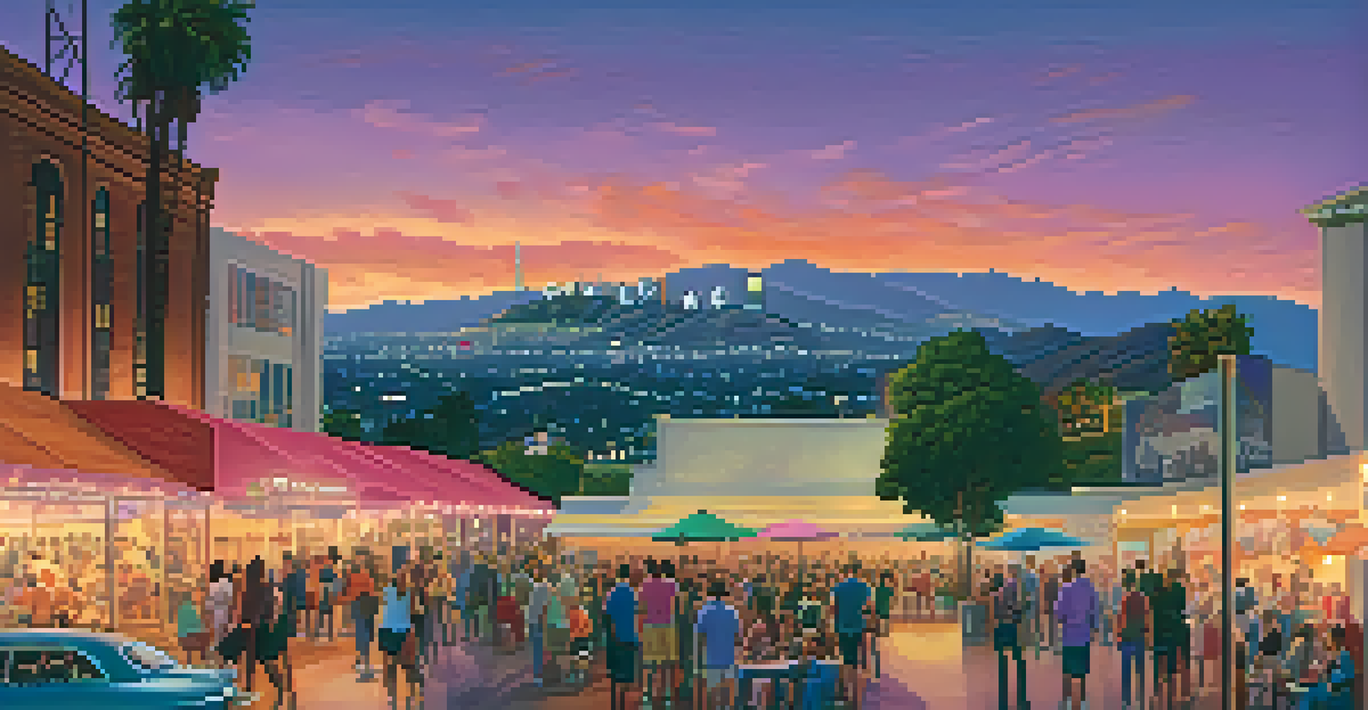 A beautiful sunset over Hollywood with the Hollywood sign and a film festival venue illuminated below.