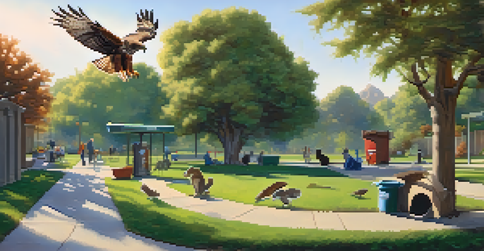 A lively urban park featuring various wildlife like a red-tailed hawk, raccoon, and squirrels among greenery and trees.