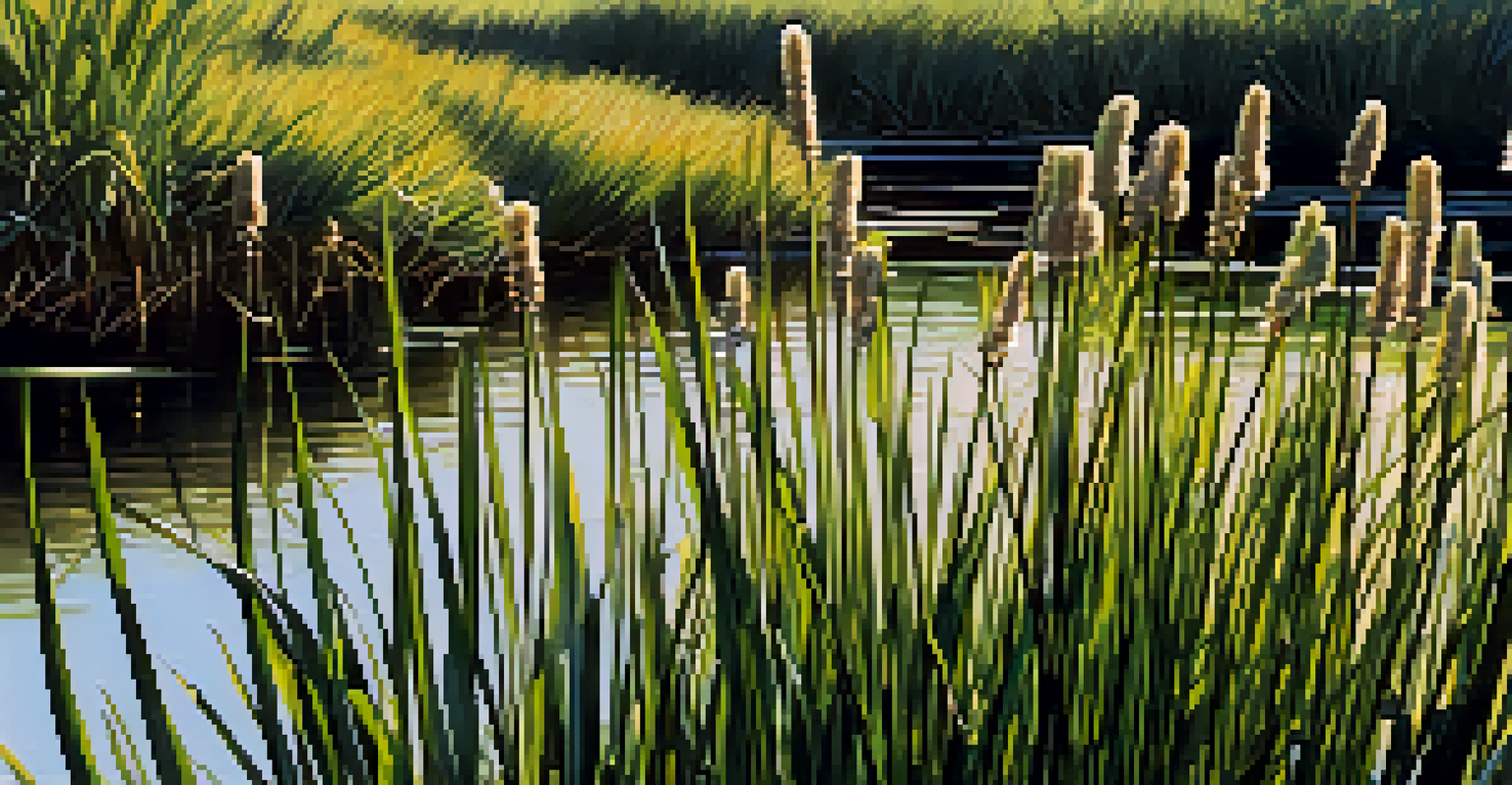A detailed close-up of California bulrush with sunlight filtering through its leaves, showcasing its tall green stalks and small insects.