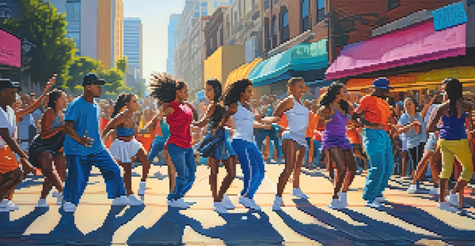 A group of diverse dancers performing street dance in front of colorful graffiti in Los Angeles, with sunlight casting shadows.
