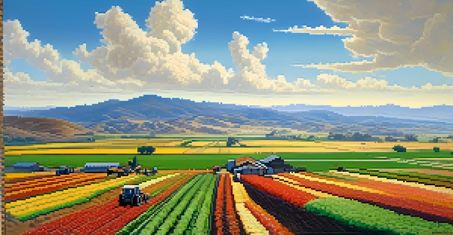 Mexican farmworkers in a lush California field during the post-World War II era, with hills in the background and a clear blue sky.