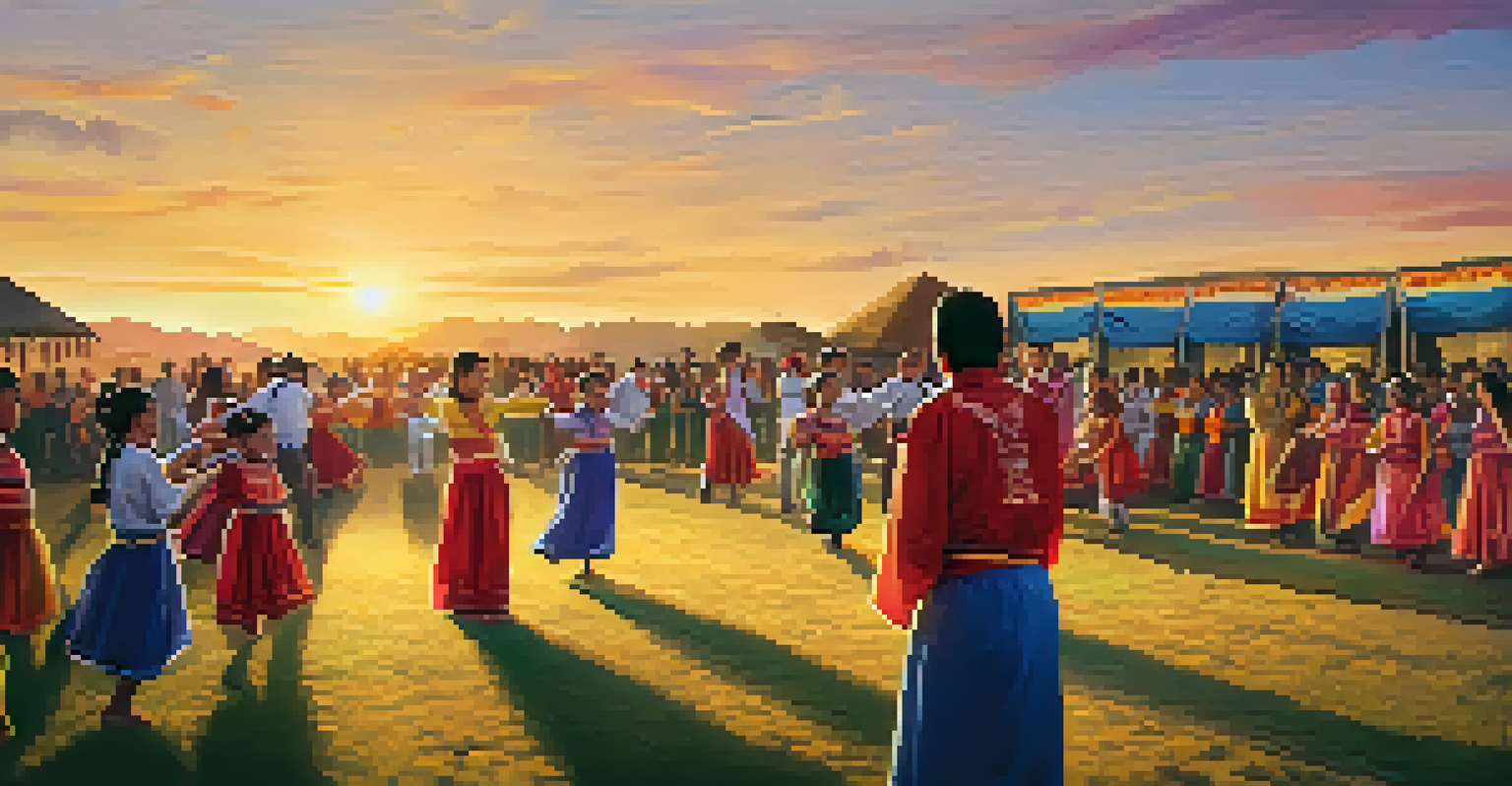 A community event with families enjoying traditional music and dance during sunset.