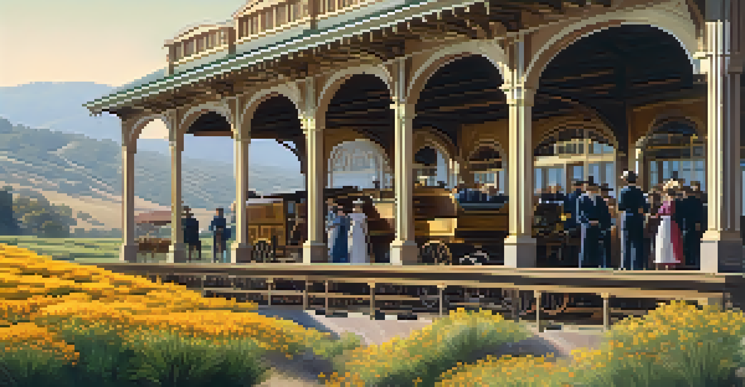 A historic California railroad station with wooden train cars and passengers in 19th-century clothing under warm sunlight.