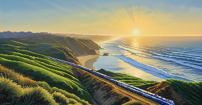 A modern train traveling along a beautiful coastline in California at sunset, with waves and cliffs visible.