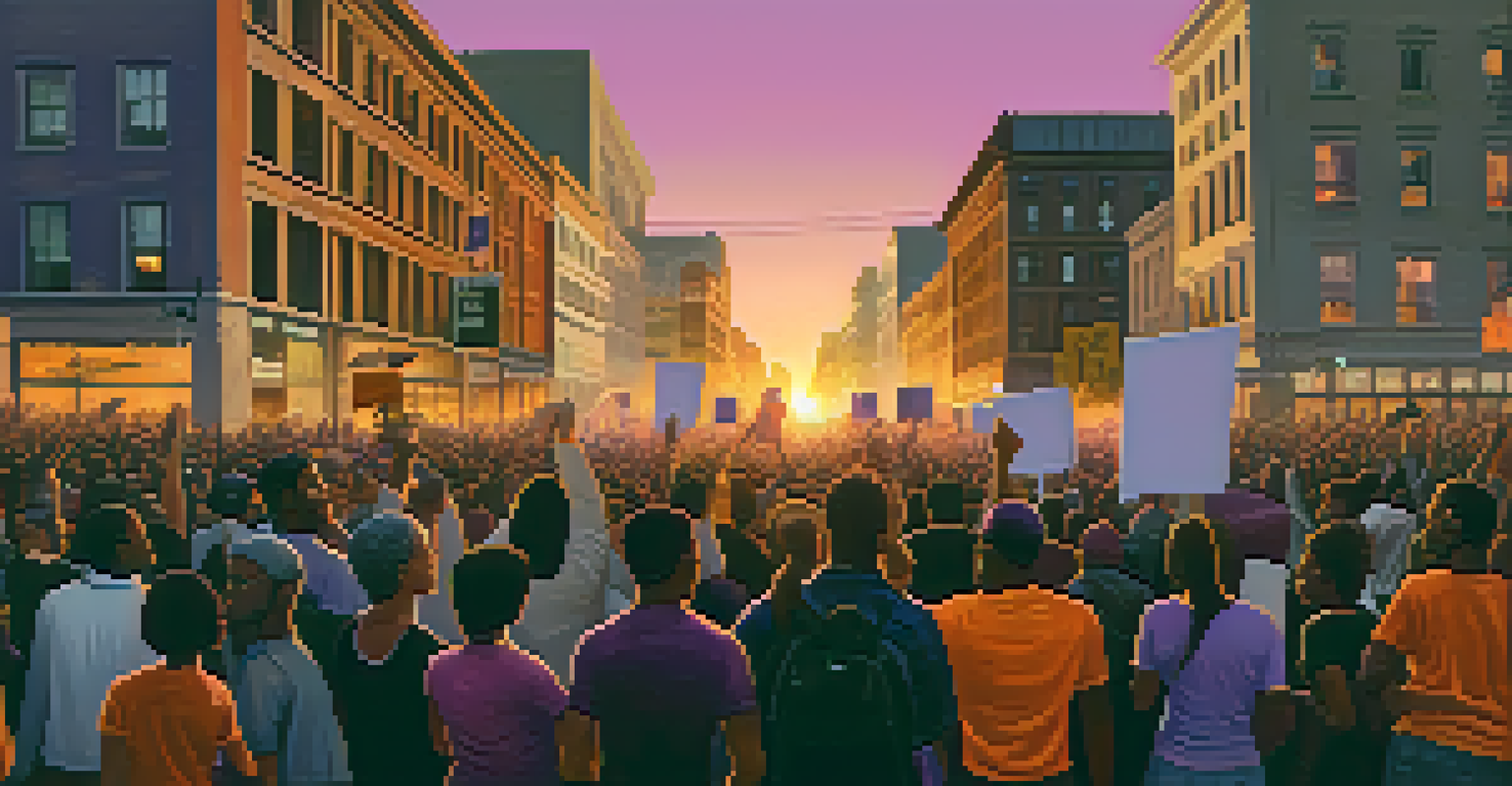 A passionate crowd of activists holding signs for racial equality in a city street during sunset, showcasing diversity and determination.