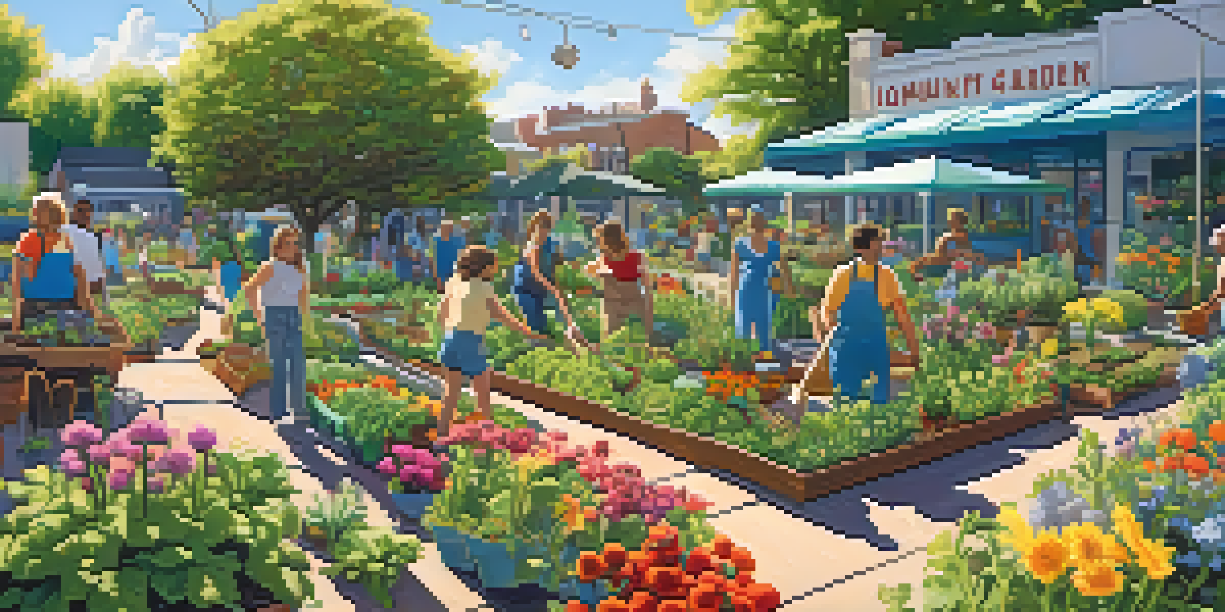 A lively community garden with people planting and tending to various plants under a sunny sky.