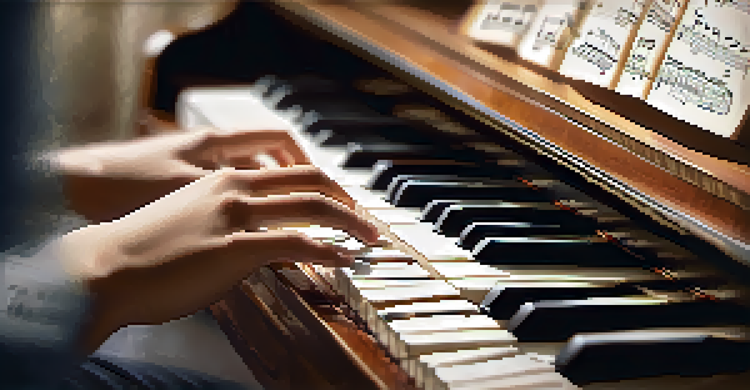 Close-up of a student's hands playing a piano, showcasing the elegant movement and the sheet music in front.