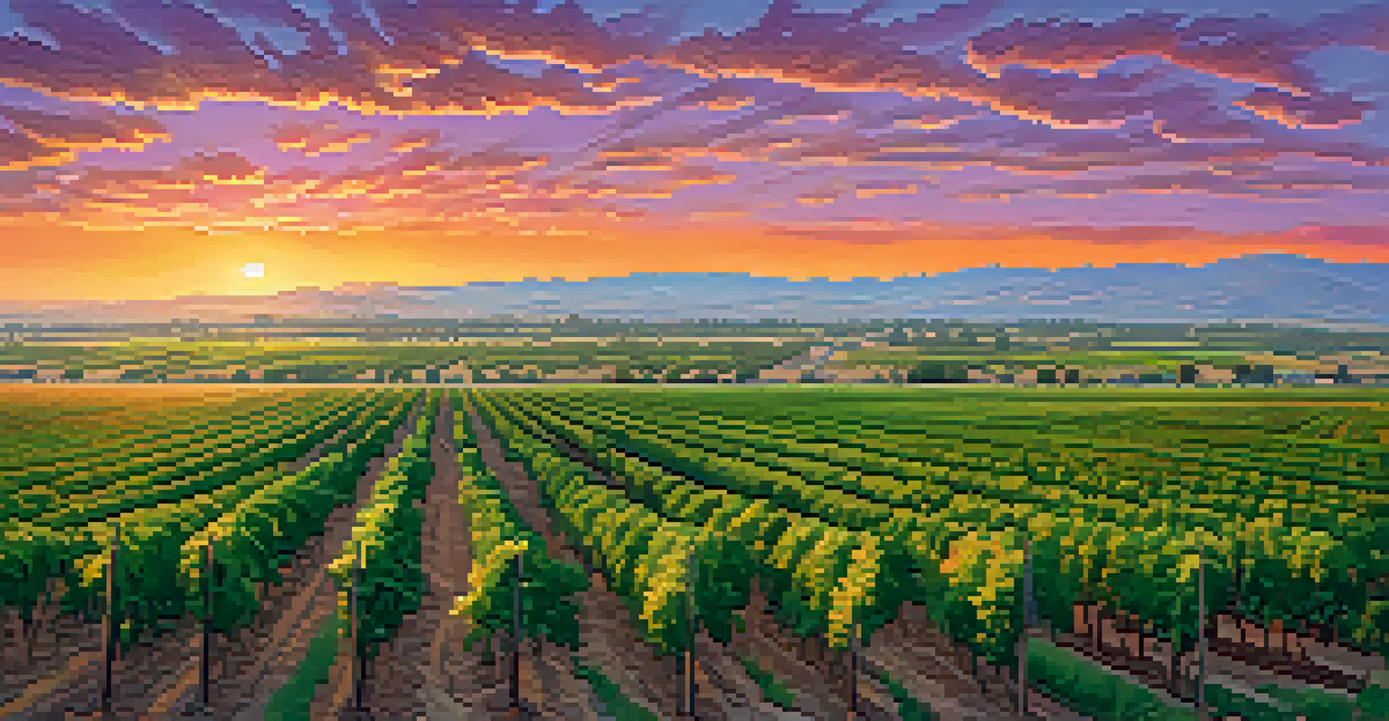 A wide-angle view of California's Central Valley at sunset, featuring green fields of crops with irrigation systems, and a colorful sky.