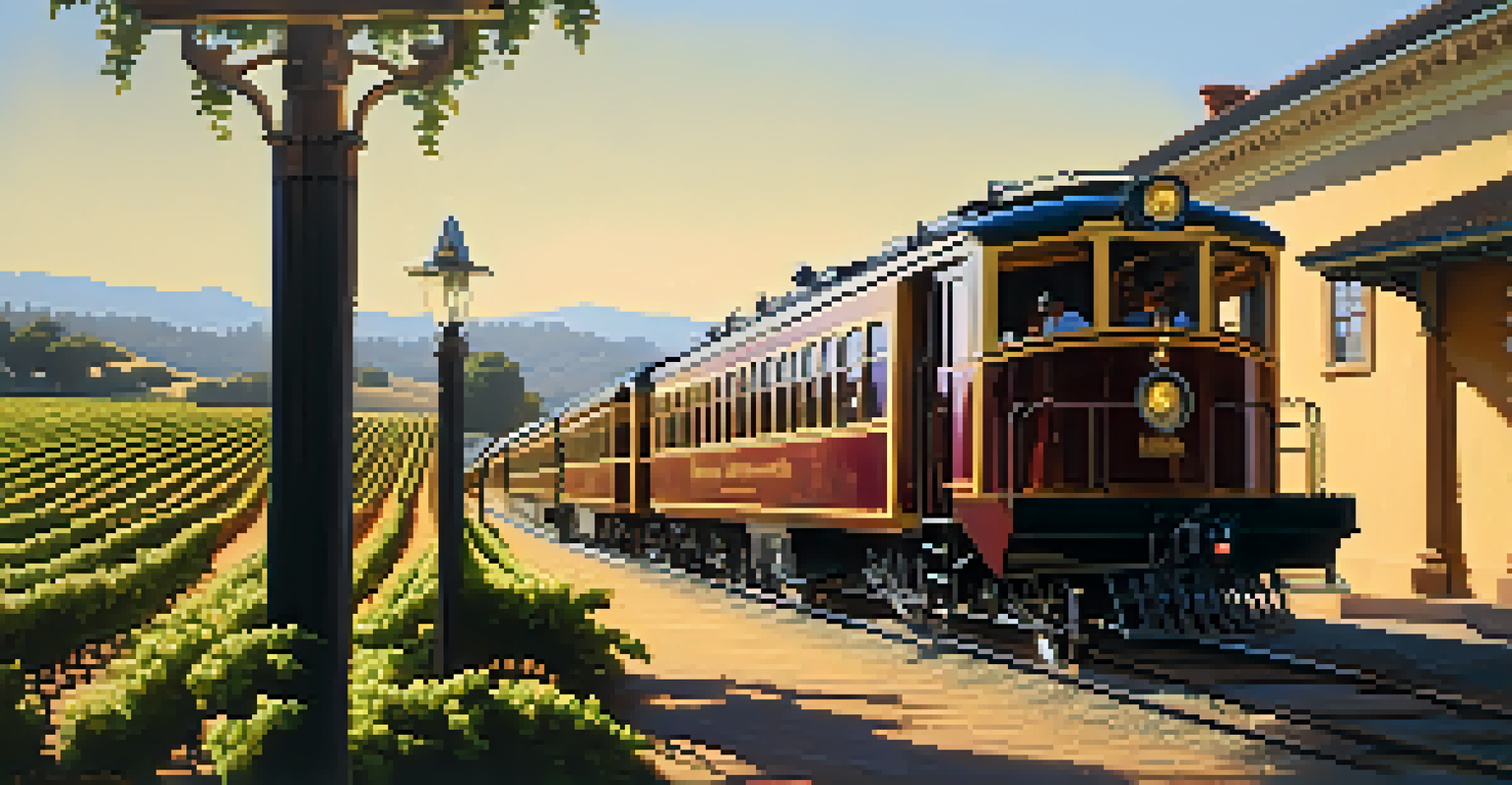 A vintage train at a Napa Valley station, surrounded by lush vineyards and hills under a sunny sky.