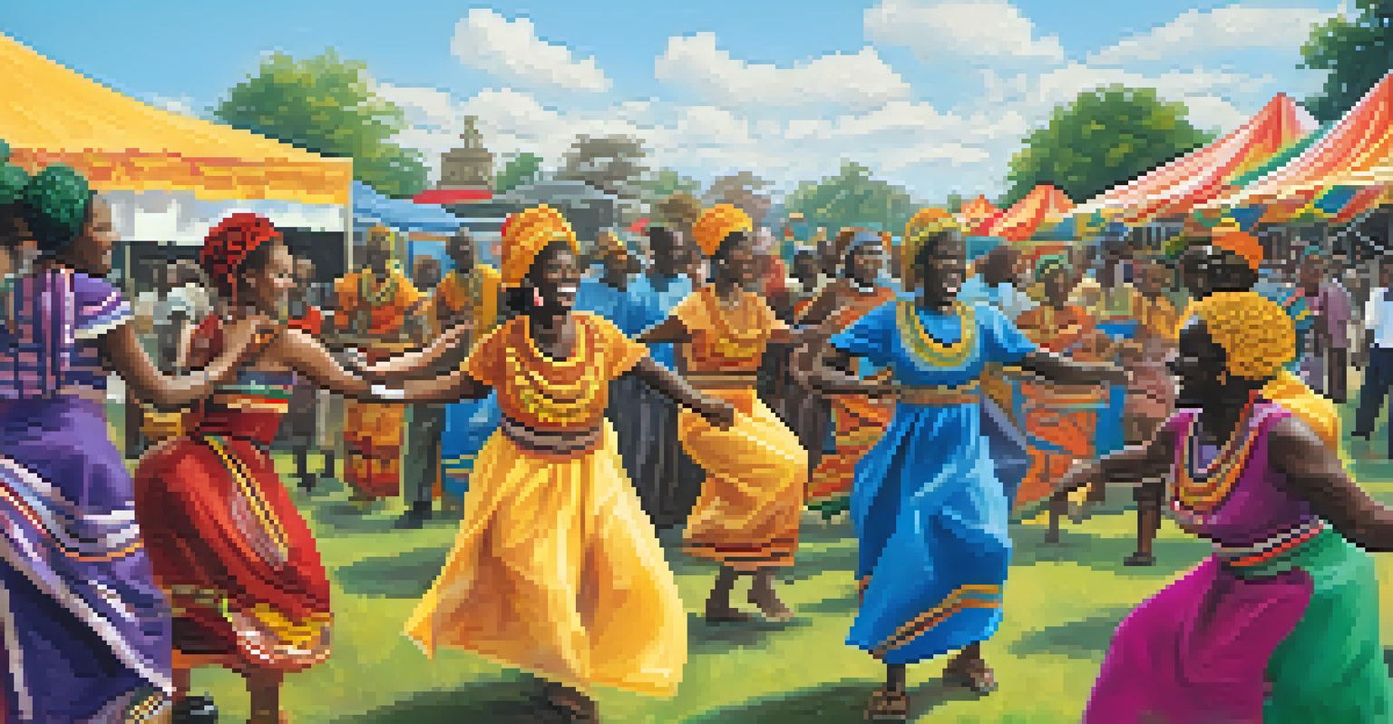 A community festival in California showcasing traditional African dance and storytelling, filled with colorful costumes and decorations.