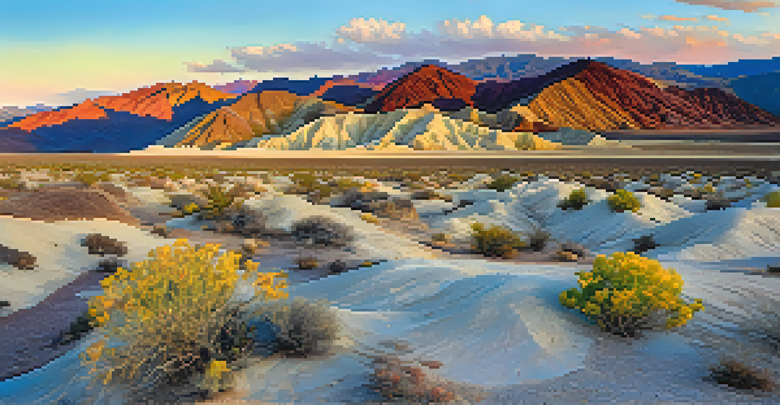 A stunning view of Artist's Palette in Death Valley National Park at sunset, showcasing vibrant colors against the desert landscape.
