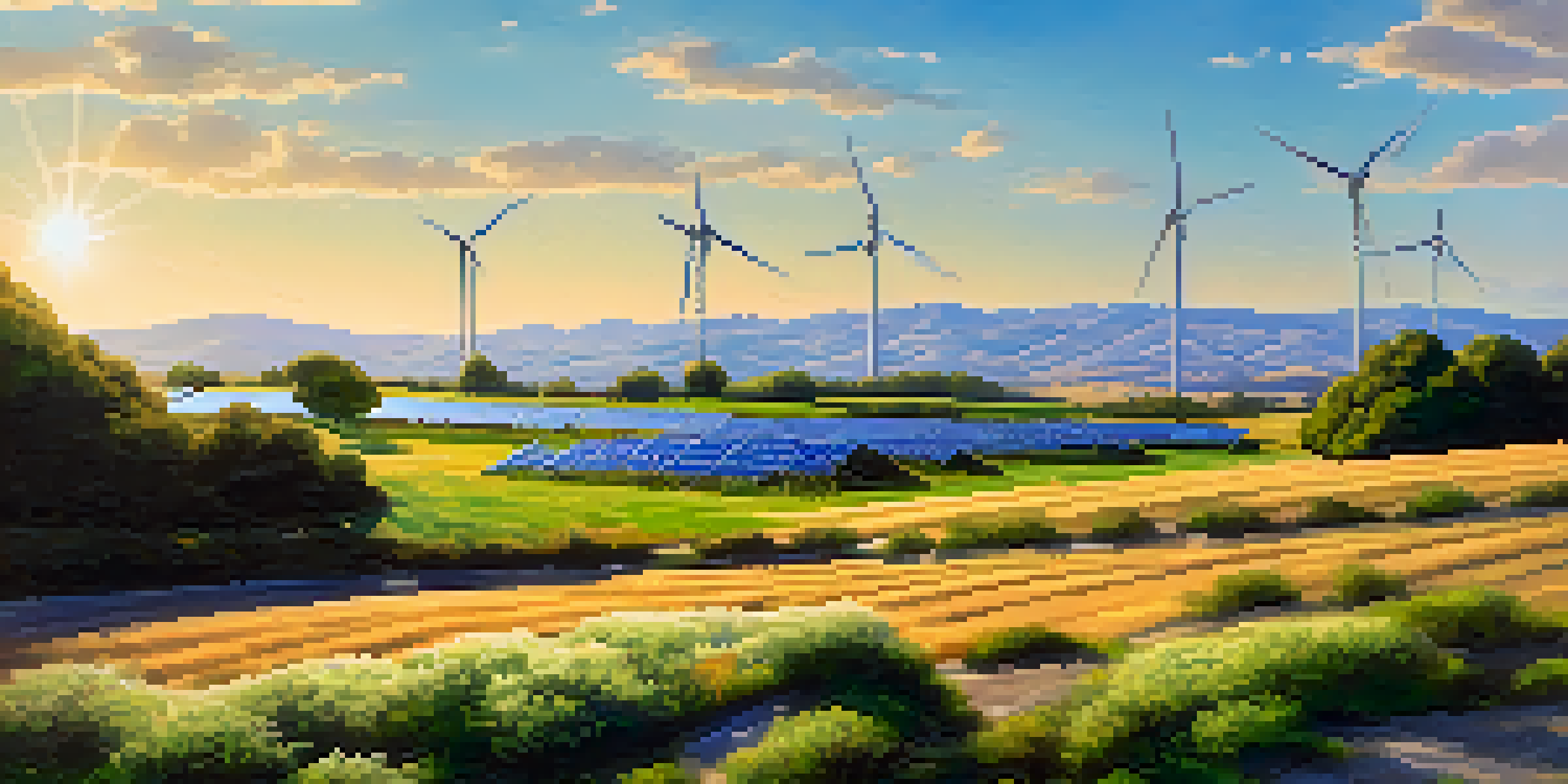 A sunny California landscape featuring a solar farm in the foreground, wind turbines on a hill, and a blue sky with clouds.