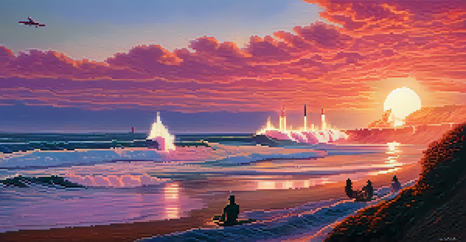 A rocket launching over California's coastline at sunset, with surfers in the foreground.