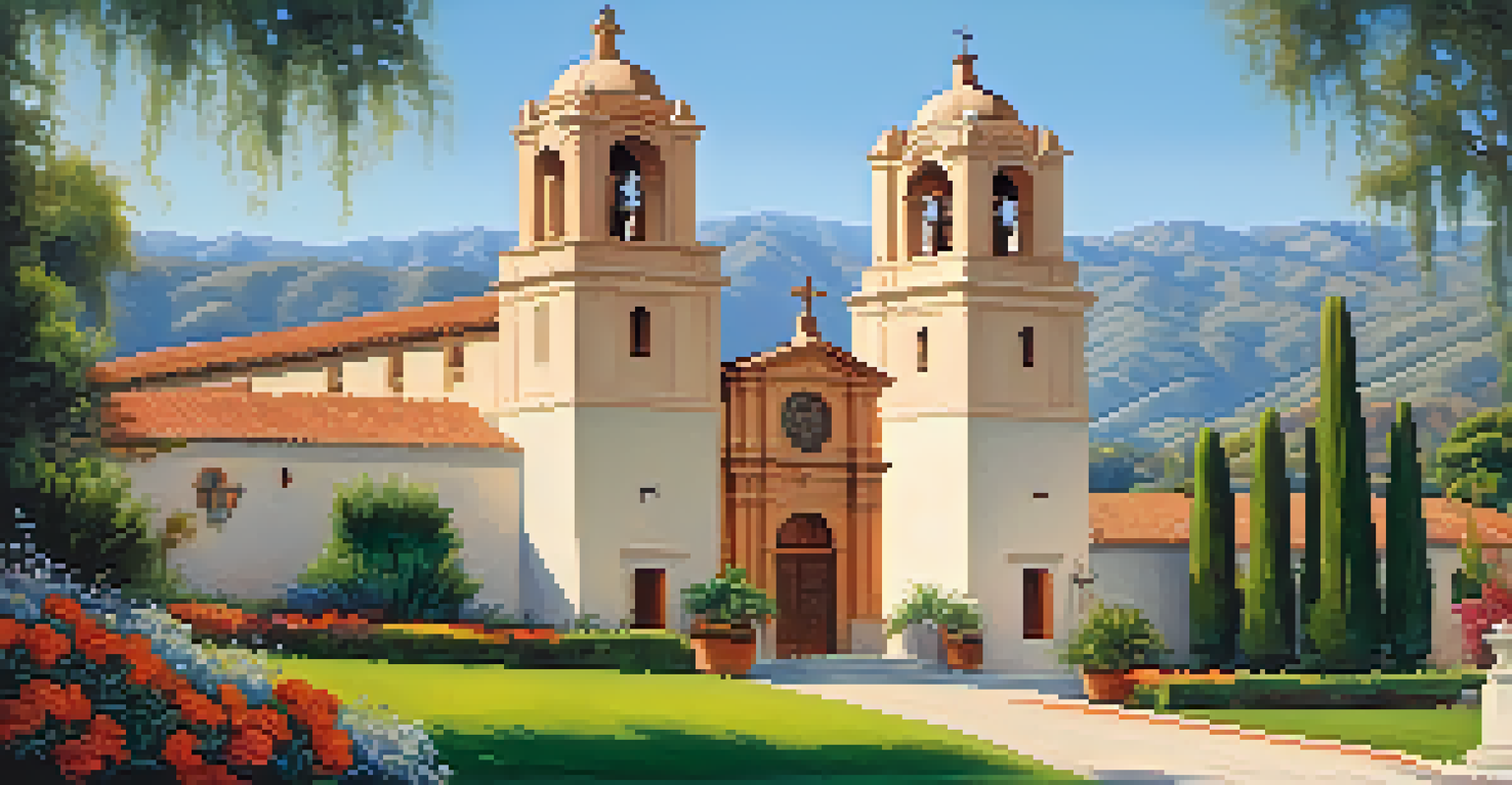 A view of Mission Santa Barbara featuring twin bell towers and colorful flowers, set against green hills and a blue sky.