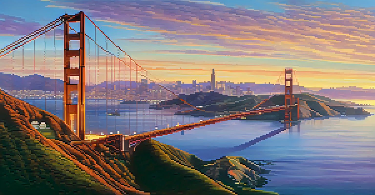 Aerial view of the Golden Gate Bridge at sunset with vibrant colors and the San Francisco skyline.