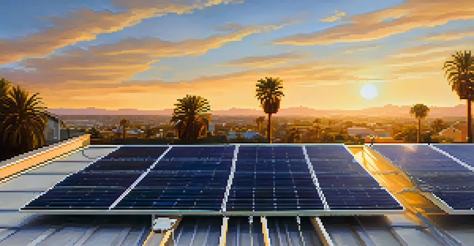 Close-up of solar panels on a rooftop during sunset, with palm trees in the background.