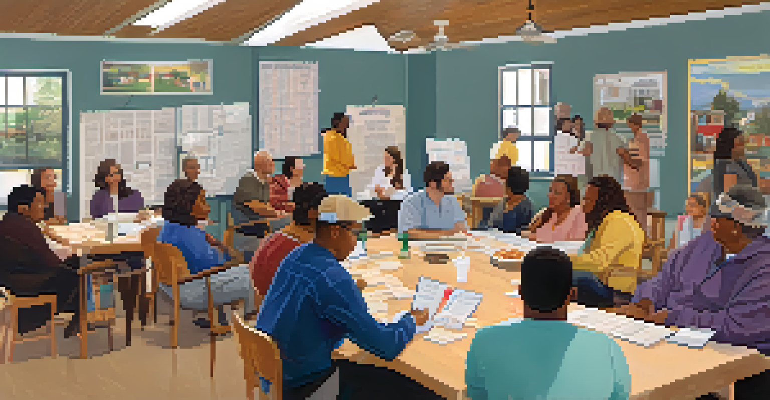 Residents participating in a community meeting about housing policies in a cozy neighborhood center.