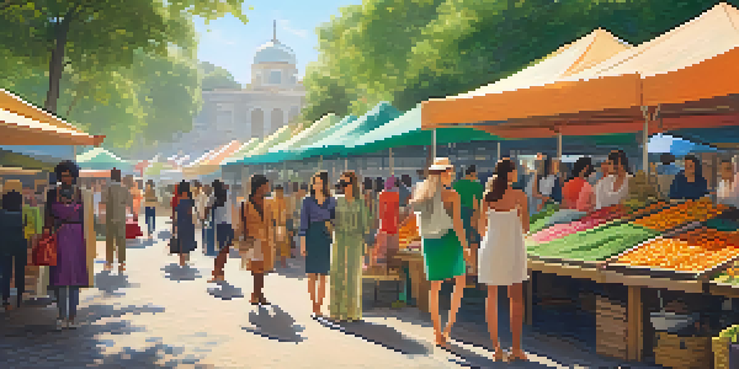 An outdoor market with colorful stalls selling eco-friendly clothing, featuring diverse models and visitors enjoying the lively atmosphere.