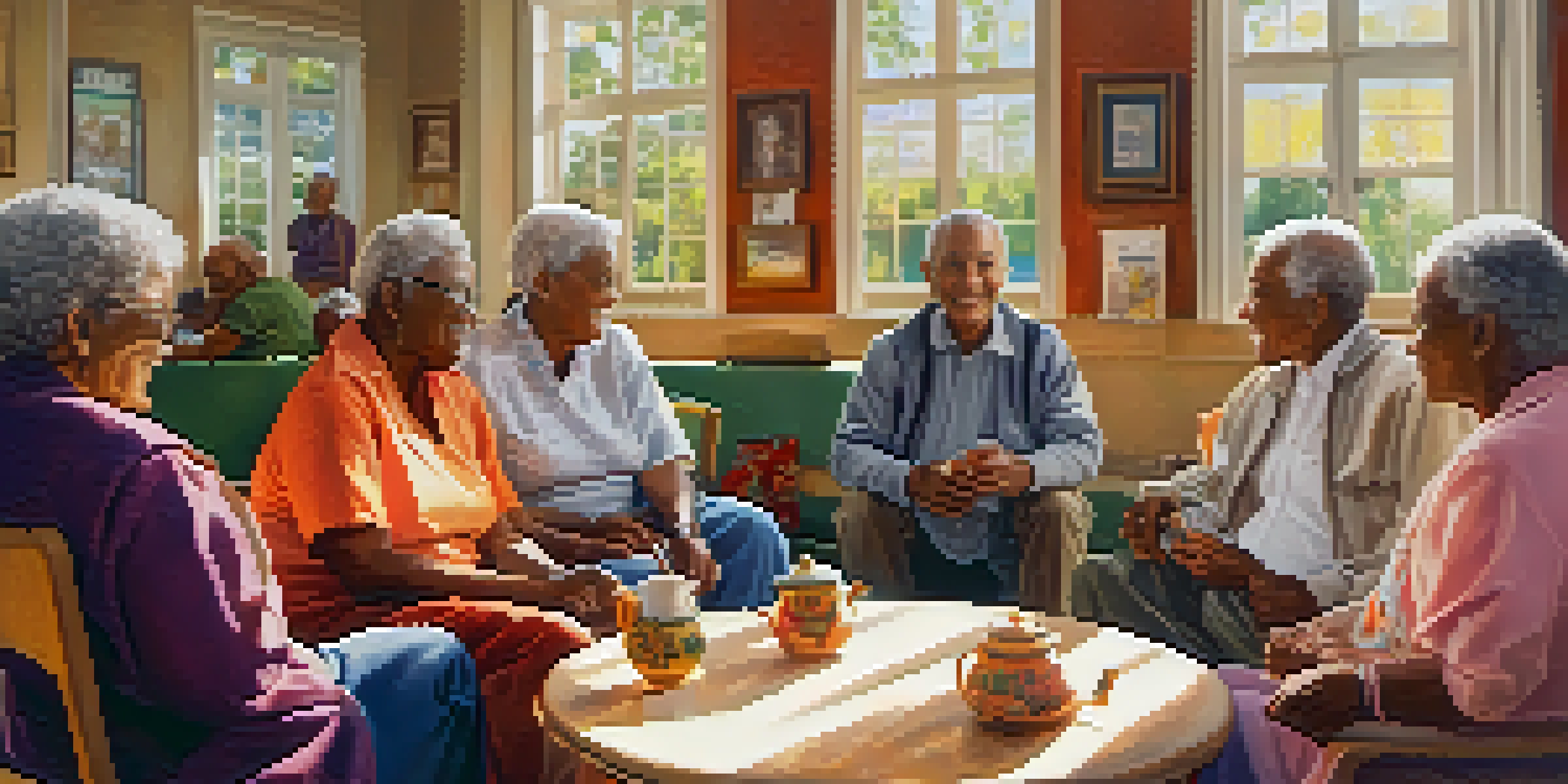 A diverse group of seniors sharing a conversation in a community center, illuminated by warm sunlight.