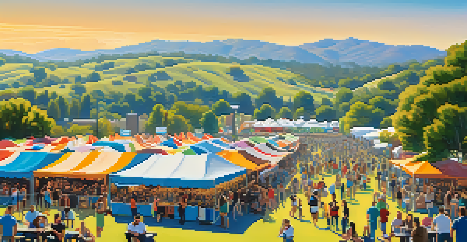A bustling outdoor craft beer festival with colorful tents and visitors sampling beers against a beautiful landscape.