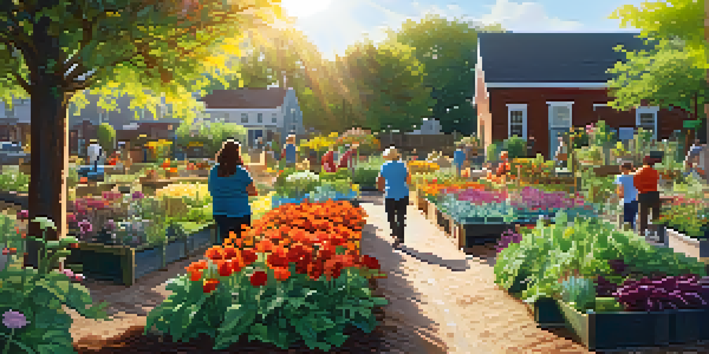 A lively community garden with diverse individuals caring for colorful plants and vegetables, sunlight shining through the leaves.