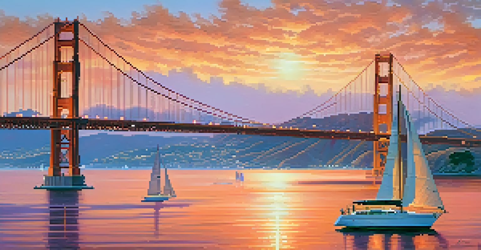 A panoramic view of the Golden Gate Bridge and San Francisco skyline at sunset, with colorful skies and tranquil waters filled with sailboats.