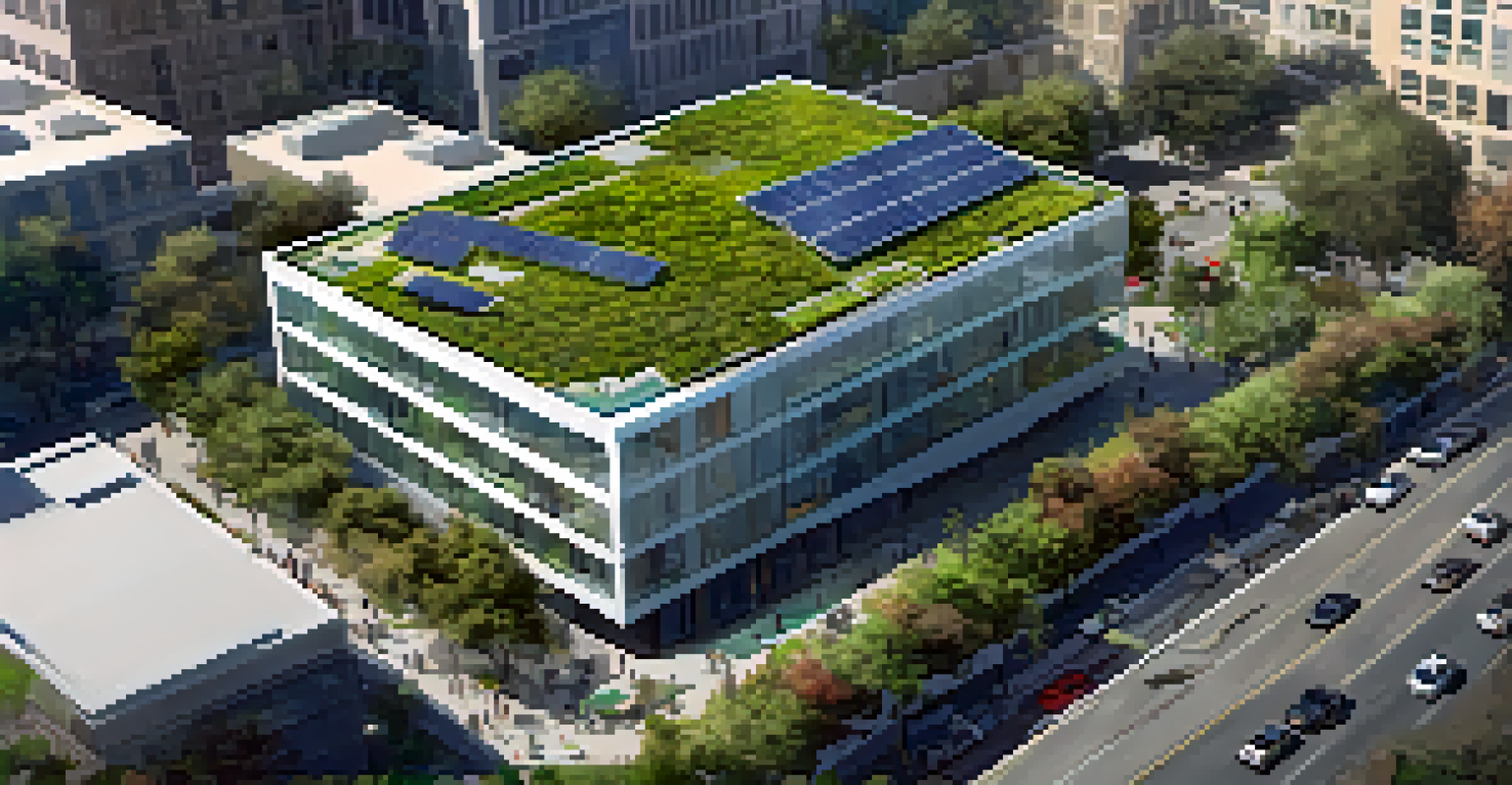 Aerial view of a sustainable building in Los Angeles with a green roof and solar panels, surrounded by urban gardens and people biking.