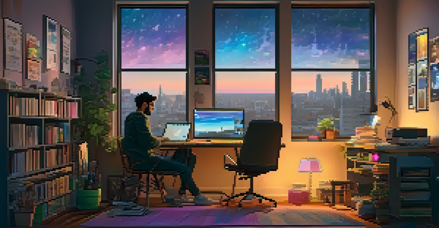 A modern independent filmmaker editing a film in a cozy, creatively decorated workspace with city views.