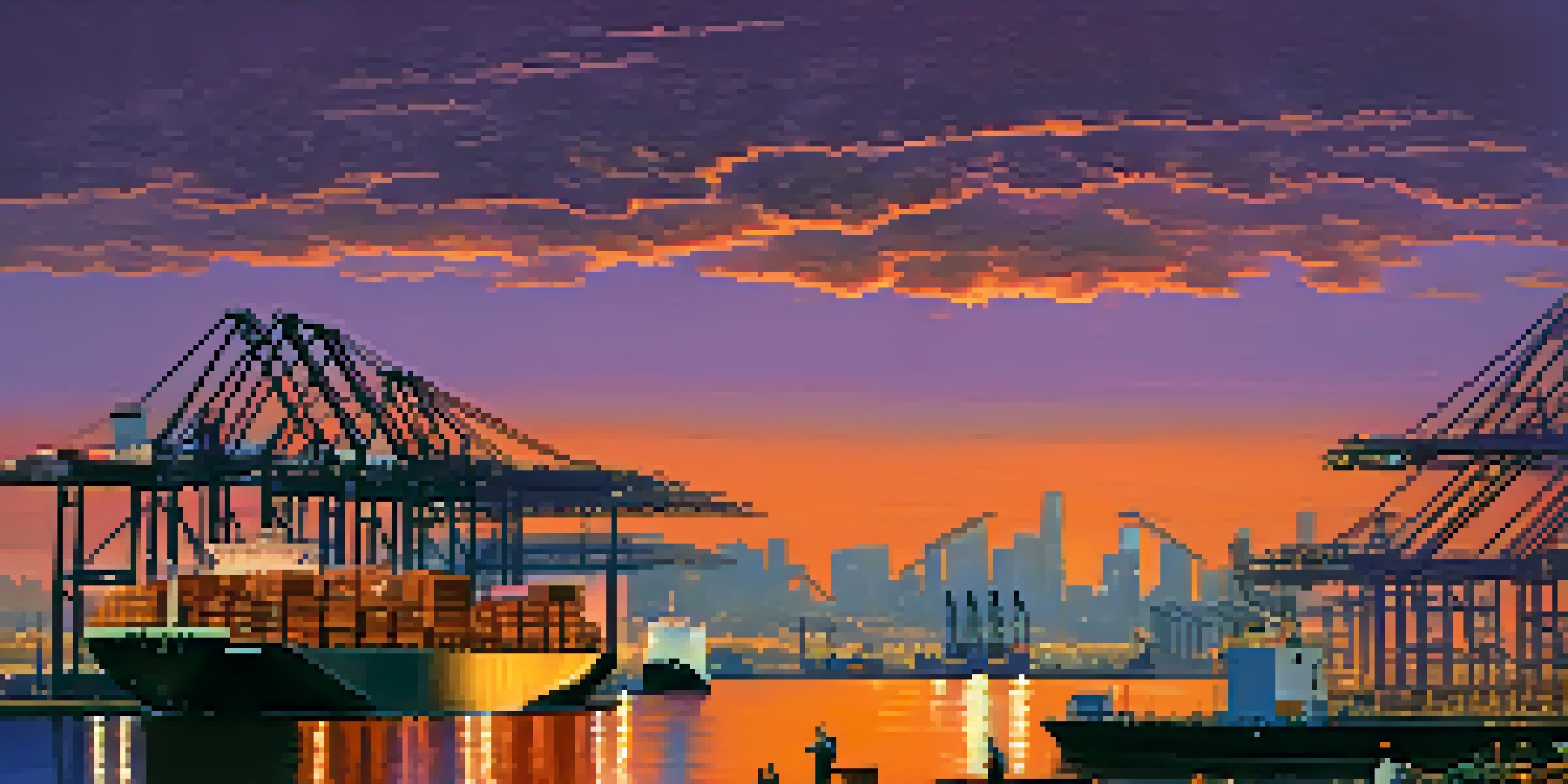 A vibrant sunset view of the Port of Los Angeles, with cargo ships and cranes, and workers loading containers.