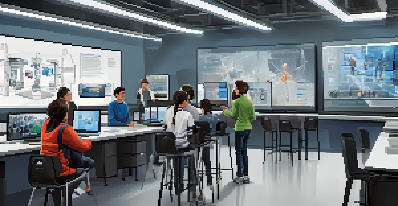 An instructor assisting students in a high-tech lab filled with advanced equipment and interactive displays.