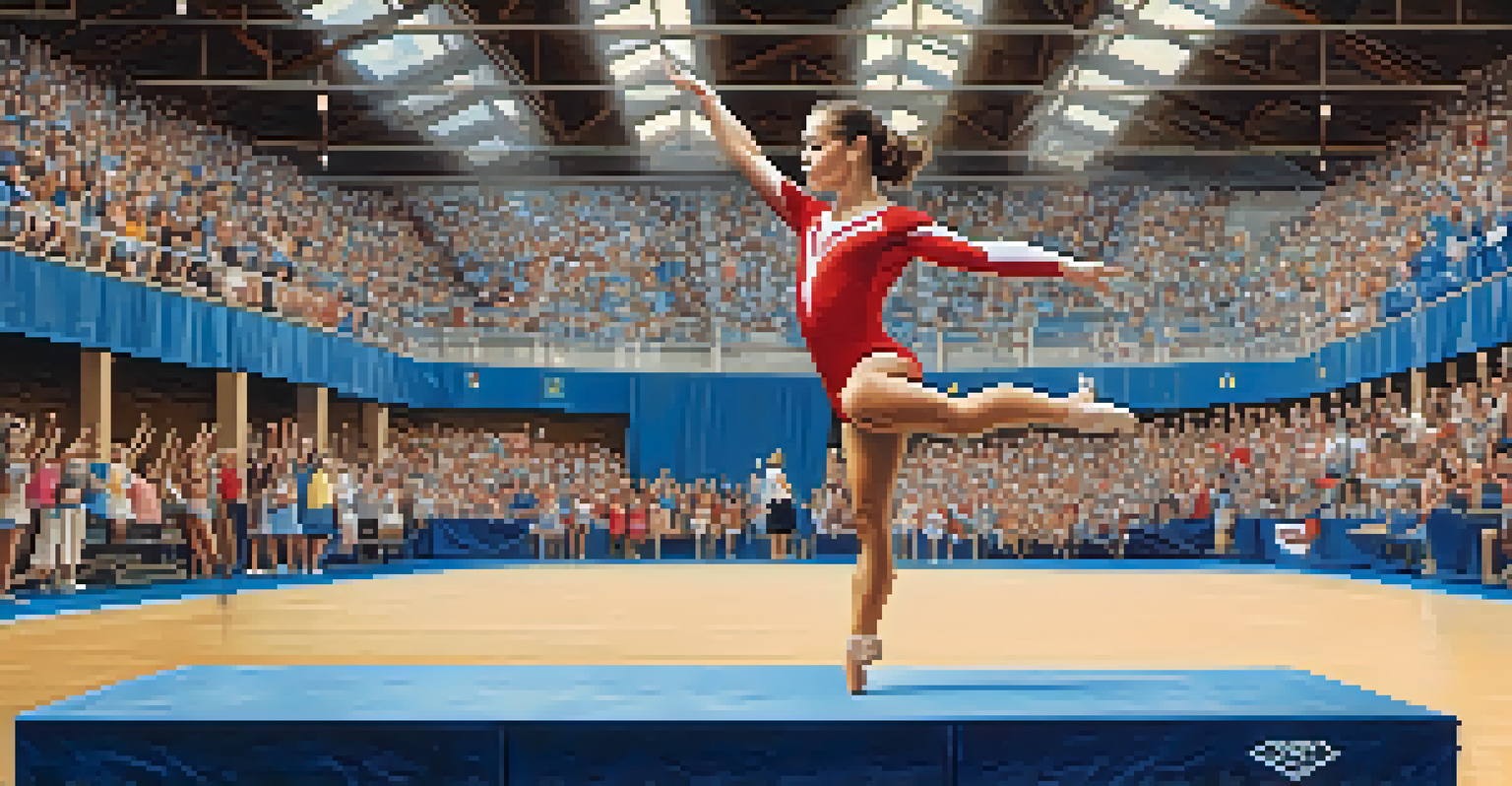 A female gymnast performing on a balance beam in a gymnasium, with supportive friends and banners in the background.