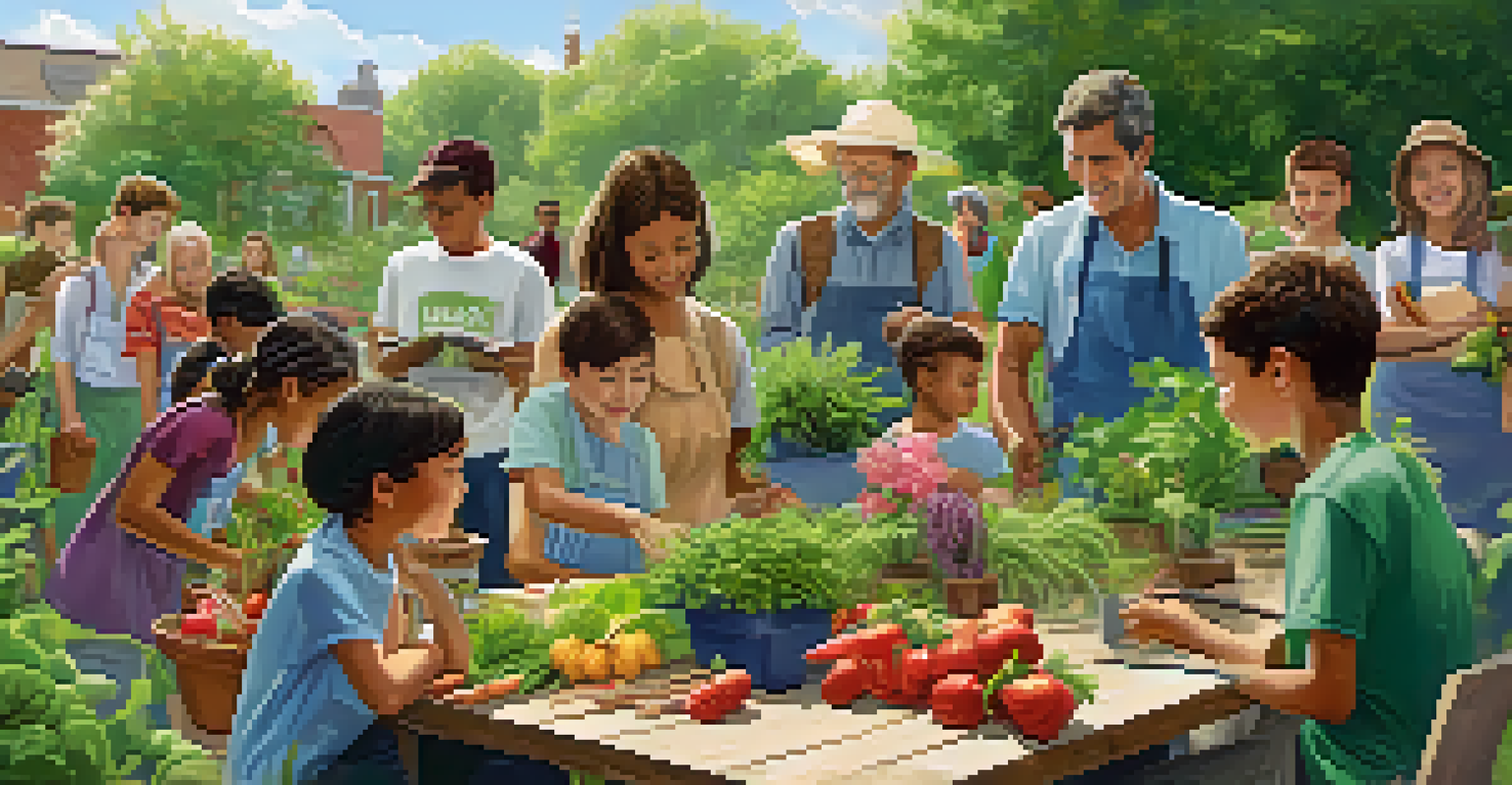 A workshop in a community garden where people are learning about sustainable gardening practices with fresh produce around them.