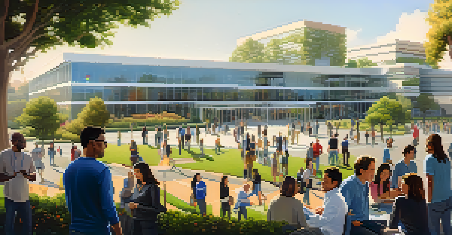 A lively Silicon Valley with diverse individuals discussing around modern tech company headquarters under warm sunlight.