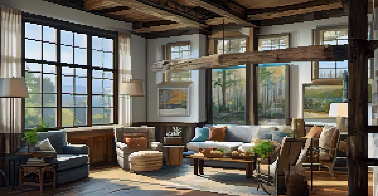 An interior space with reclaimed wood beams and furniture, bathed in warm natural light, featuring art made from recycled materials.