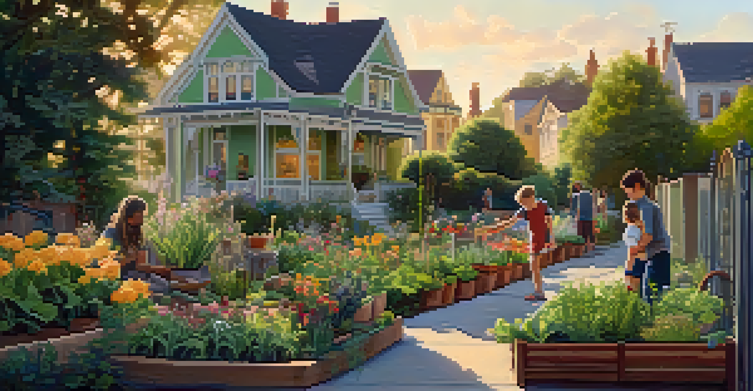A community garden in a historic neighborhood with flowers, vegetables, and people enjoying the space.